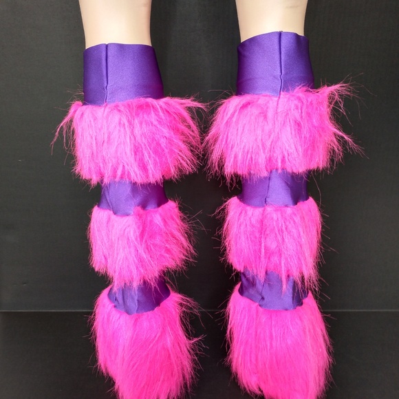 Pink Fur Leg Warmers Purple Striped Pants Fuzzy Fluffies Socks Cosplay Costume - Picture 5 of 7